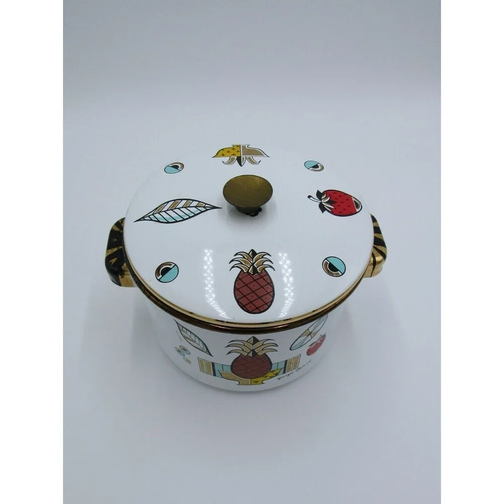 VTG MCM 2 qt Sauce Pot Georges Briard Ambrosia Pineapple Enamelware 60s Retro